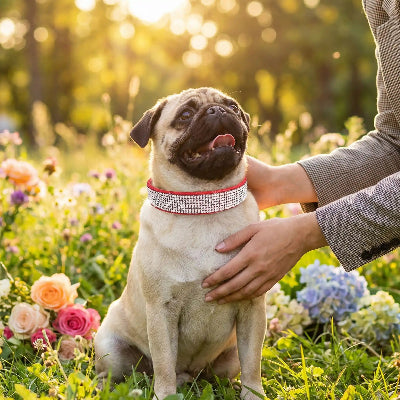carlin portant collier pour chien strass est assis sur pelouse avec maitresse dans champs fleuri et ensoleillé
