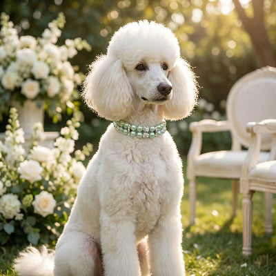 caniche géant portant collier pour chien strass attenp près de bouquets de fleurs