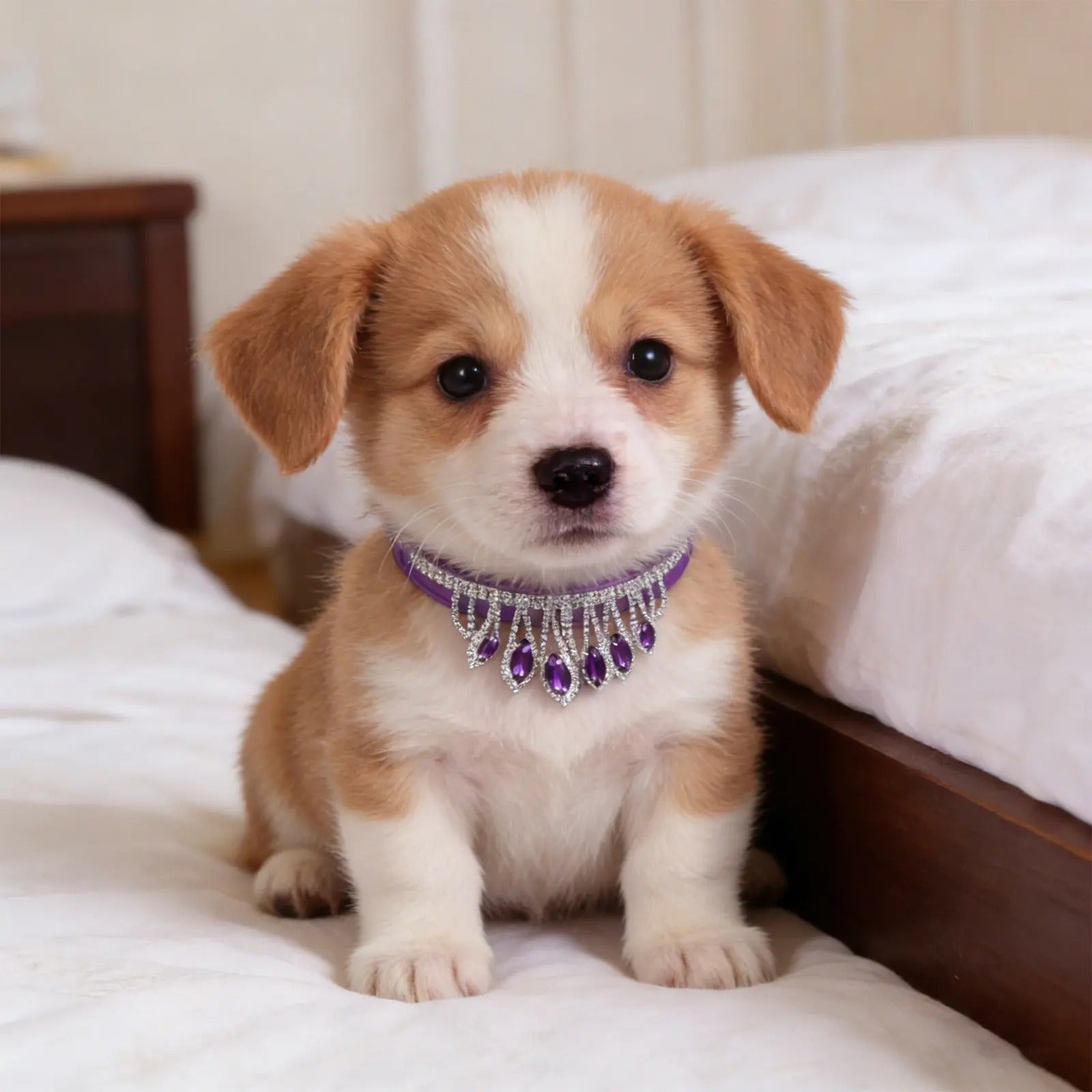 chiot brun et blanc portant collier pour chien strass est assis sur lit blanc