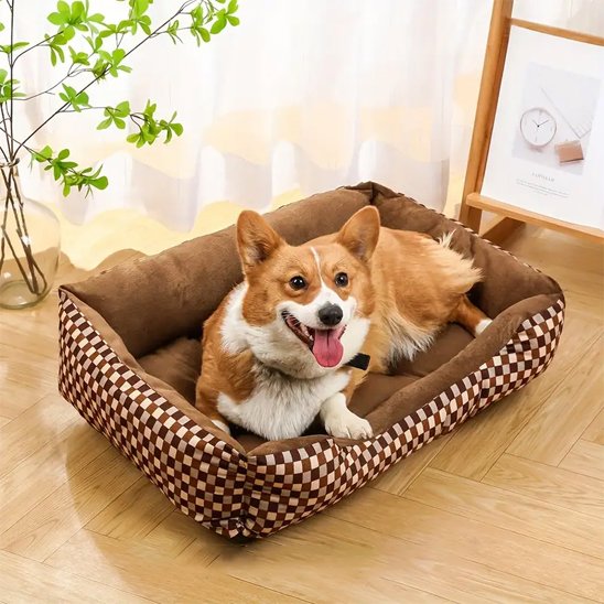 corgi dans Panier pour chien motif carrelé