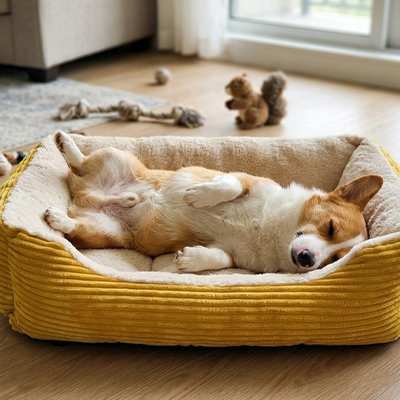 corgi dort dans Panier Chien jaune