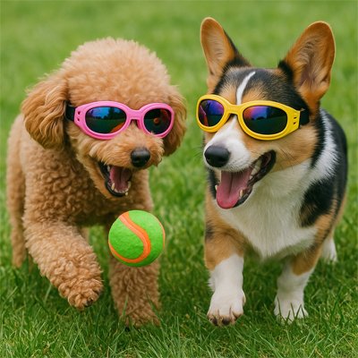corgi et caniche portent Lunette pour chien​ sur pelouse