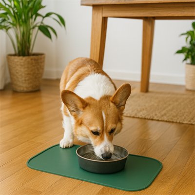 corgi mange dans son bol qui est surTapis gamelle Chien vert