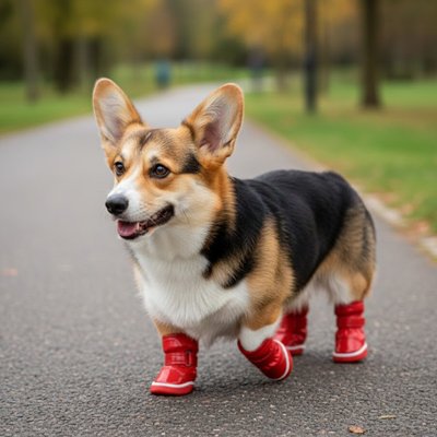 corgi portant Botte pour Chiens marche sur trottoir en ciment