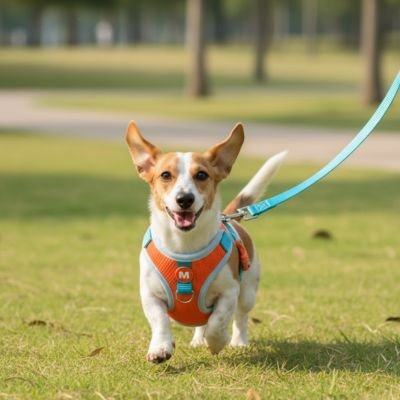 corgi portant Harnais chiot orange marche sur pelouse