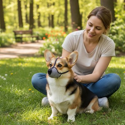 corgi portant Muselière pour chien​ est assis dans parc avec jeune dame