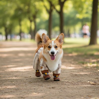 corgi porte Bottes pour Chien sur sentier non pavé dans un parc