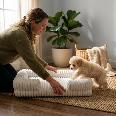 dame dépose Panier à Chien sur sol et bichon veut y entrer