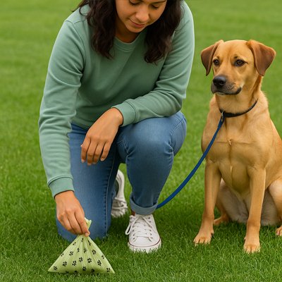 dame en train de ramasser Sac crotte​s de pelouse labrador à ses côtés