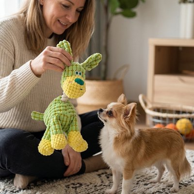 dame joue avec chihuahua en utilisant Peluche Chien 