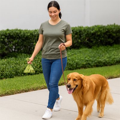 dame marche avec golden retriever en tenant Sac crotte​s