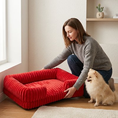 dame place Panier orthopédique Chien poméranien attend
