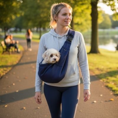 dame porte bichon dans Sac Chien en marchant sur sentier dans parc