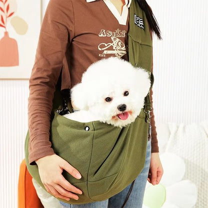 dame porte caniche dans Sac chien vert dans parc
