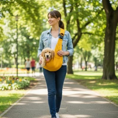 dame porte chiot golden retriever dans Sac Chien en marchant dans parc