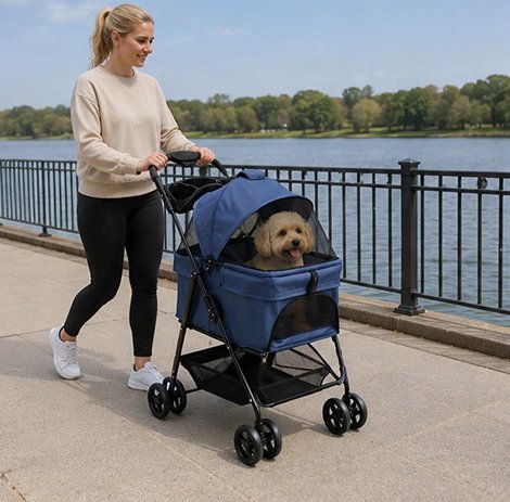 dame poussant caniche blanc dans Poussette pour Chien bleu 