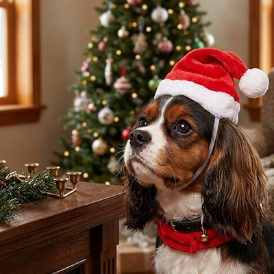 cavalier king charles portant Déguisement Chien est assis pr;es de sapin de noël