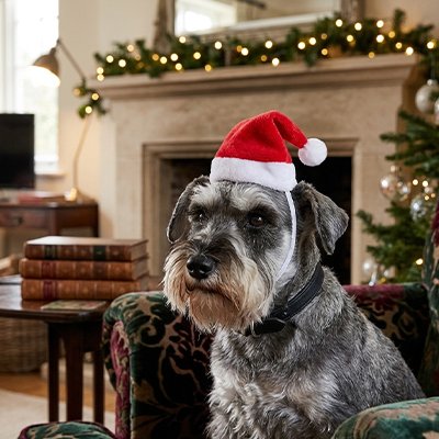 schnauser portant Déguisement Chien est assis sur canapé