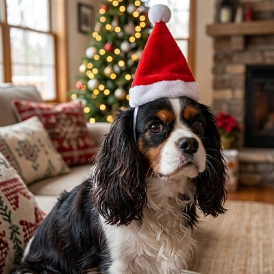 cavalier king charles portant Déguisement Chien est assis sur canapé