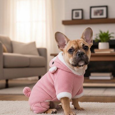 frenchie portant déguisement chien est assis sur moquette blanche