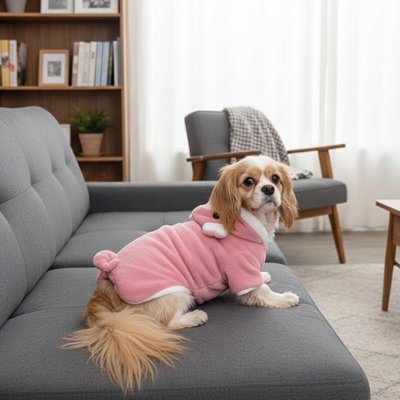 cavalier king charles portant déguisement chien est assis canapé gris