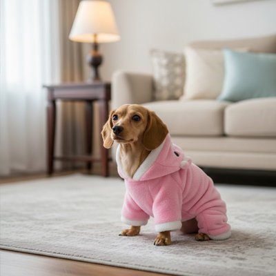 beagle portant déguisement chien est assis sur moquette