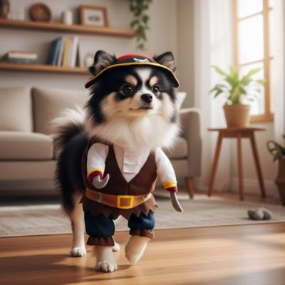 chihuahua portant déguisement chien pirate marche sur plancher de bois