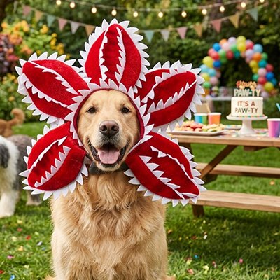 golden retriever portant déguisement Chien fleur est assis dans parc