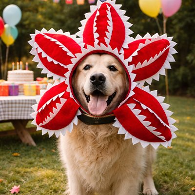 golden retriever portant déguisement Chien fleur  assis ddans parc lors de fête