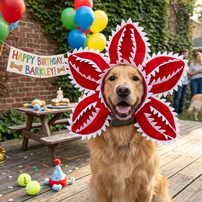 golden retriever portant déguisement Chien fleur  assis ddans parc lors de fête