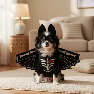 chihuahua portant déguisement chien halloween est assis sur moquette blanche