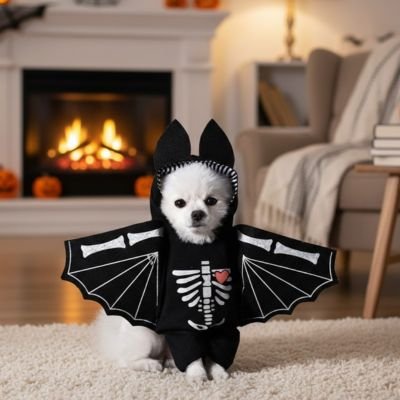 chien blanc portant déguisement chien halloween est assis sur moquette blanche