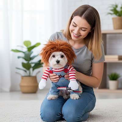 bichon portant déguisement chien halloween est assis sur cuisse de jeune femme