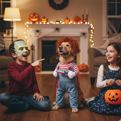 golden retriever portant déguisement chien halloween est assis sur plancher de bois avec enfants