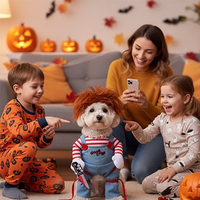 bichon portant déguisement chien halloween est assis avec enfants et mère