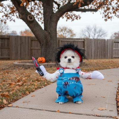 poméranien blanc portant déguisement chien halloween est assis sur trottoir en automne