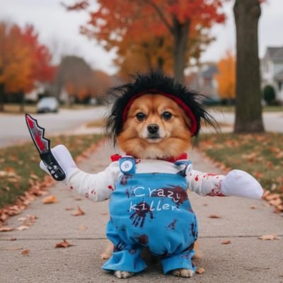 poméranien portant déguisement chien halloween est assis sur trottoir en automne