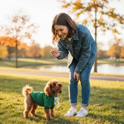 caniche brun portant déguisement Chien halloween est avec dame près de étang