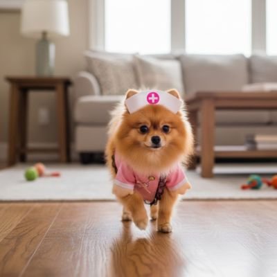poméranien portant déguisement chien marche sur olancher de salon