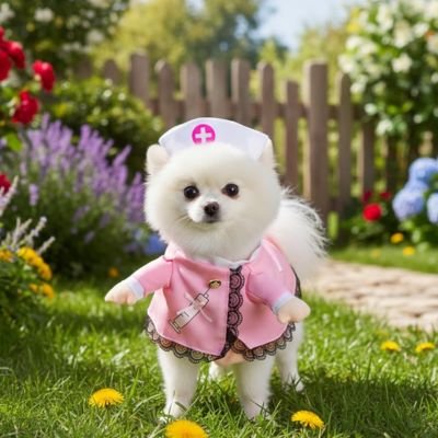 poméranien portant déguisement chien infirmière sur pelouse