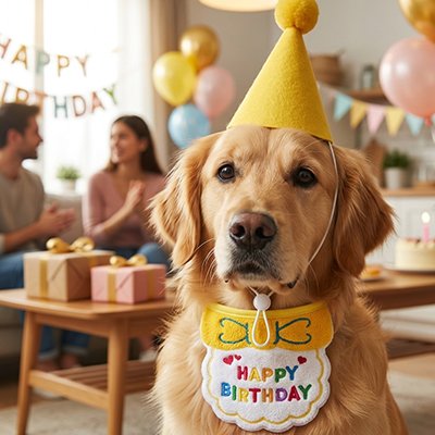 golden retriever portant Déguisement Chien jaune est assis près des cadeaux