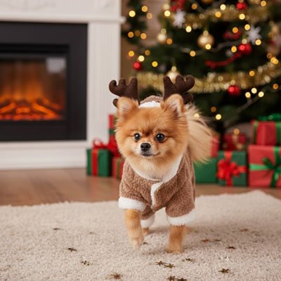 chihuahua portant déguisement chien noël marche sur moquette beige