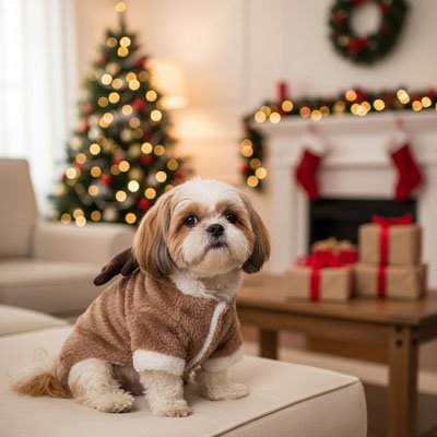 shitzu portant déguisement chien noël est assis sur canapé blanc