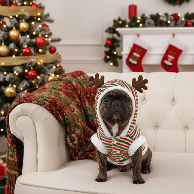 frenchie noir portant déguisement chien noël est assis sur canapé blanc