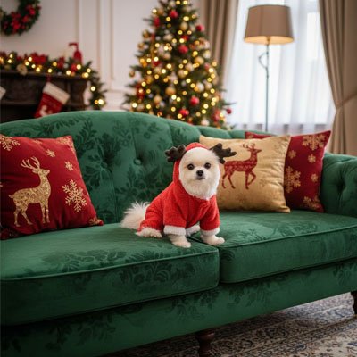 chihuahua portant déguisement chien rouge noël est assis sur canapé blanc