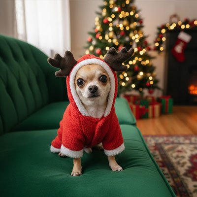 chihuahua portant déguisement chien noël est assis sur canapé vert