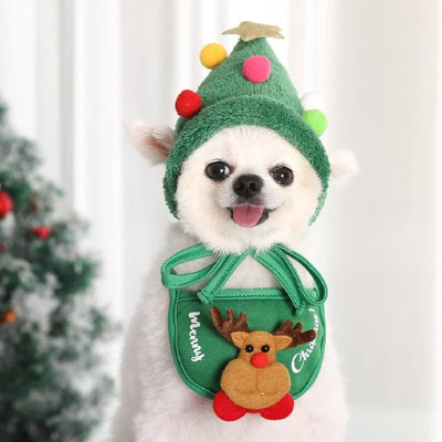 poméranien portant déguisement chien noël assis près de sapin de noël
