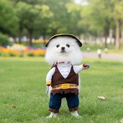poméranien portant déguisement chien pirate sur pelouse de parc