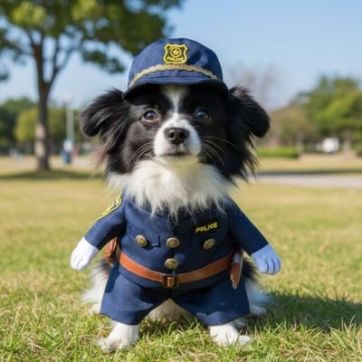 poméranien portant déguisement chien est assis sur pelouse