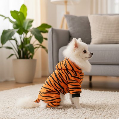 poméranien blanc portant déguisement chien est assis sur moquette blanche